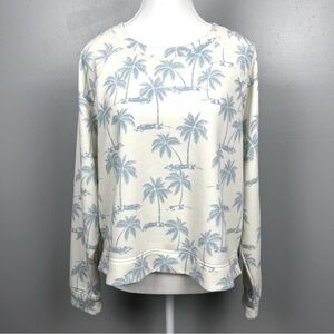 Lou & Grey for Loft ivory blue tropical palm tree print sweatshirt, large.